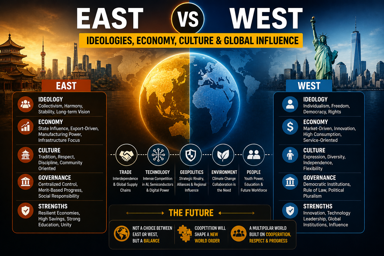 East vs West Countries: Ideologies, Economic Power, Cultural Clash, and the Future of Global Influence