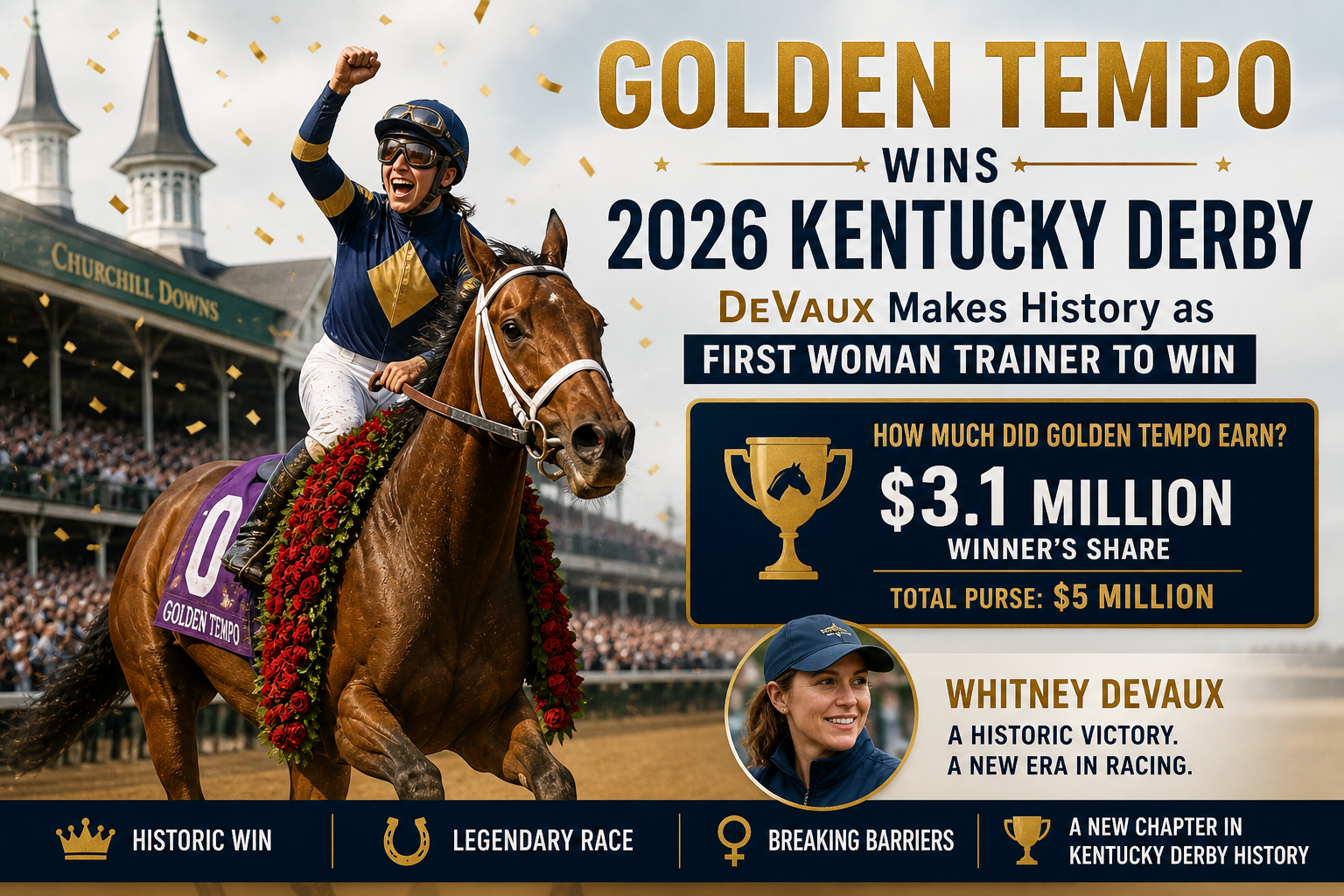 Golden Tempo Wins 2026 Kentucky Derby: DeVaux Becomes First Woman Trainer — Prize Money Revealed